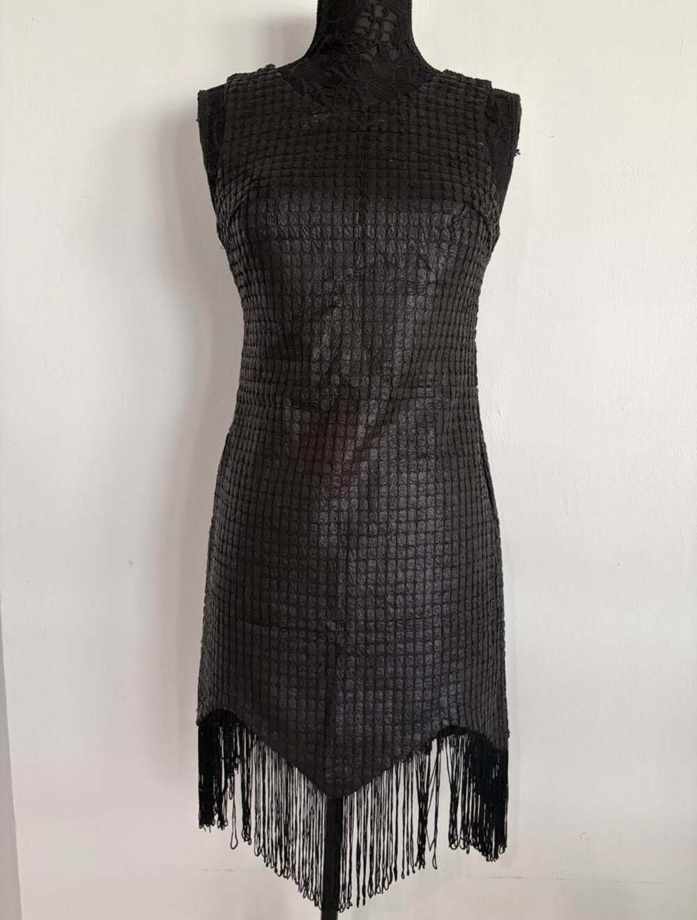 Design Lab Lord & Taylor Black Sleeveless Textured Tassel Hem Mini Dress